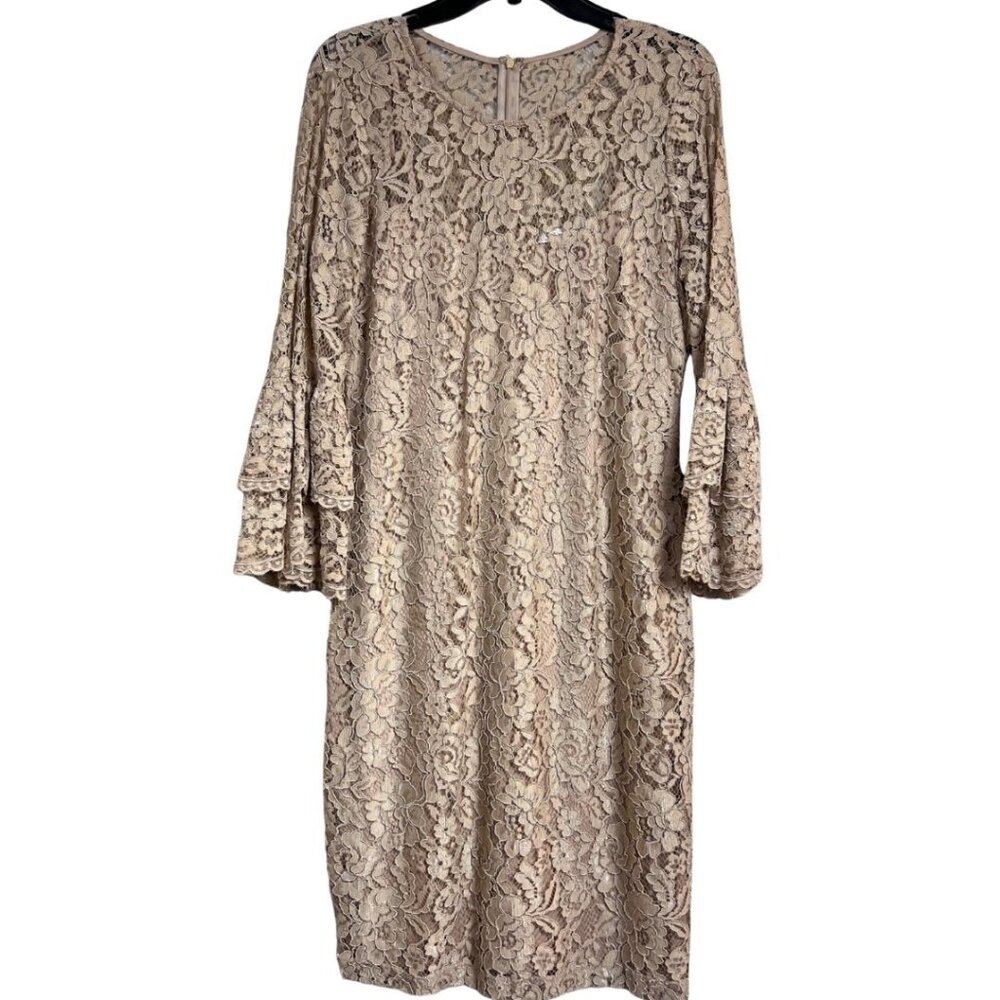 CALVIN KLEIN Beige Lace Women's Dress Long Sleeves Ruffles Size 12 Fully Lined